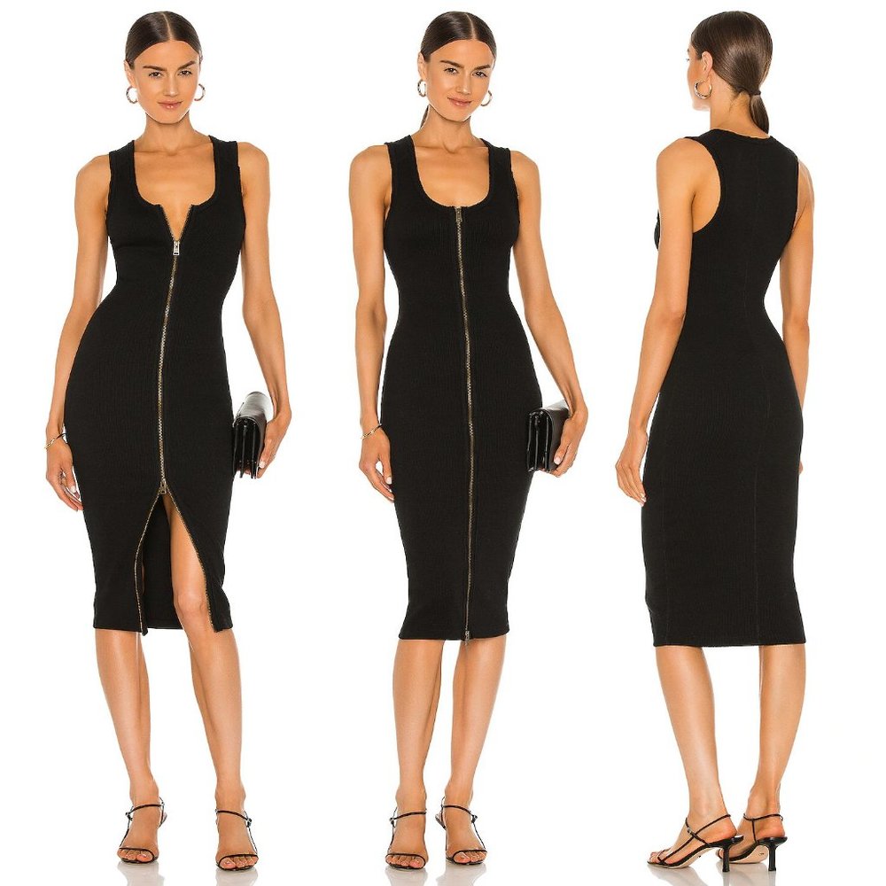 Allsaints Alicia Full Double Way Zip Front Rib Knit Midi Dress 12 Black $155